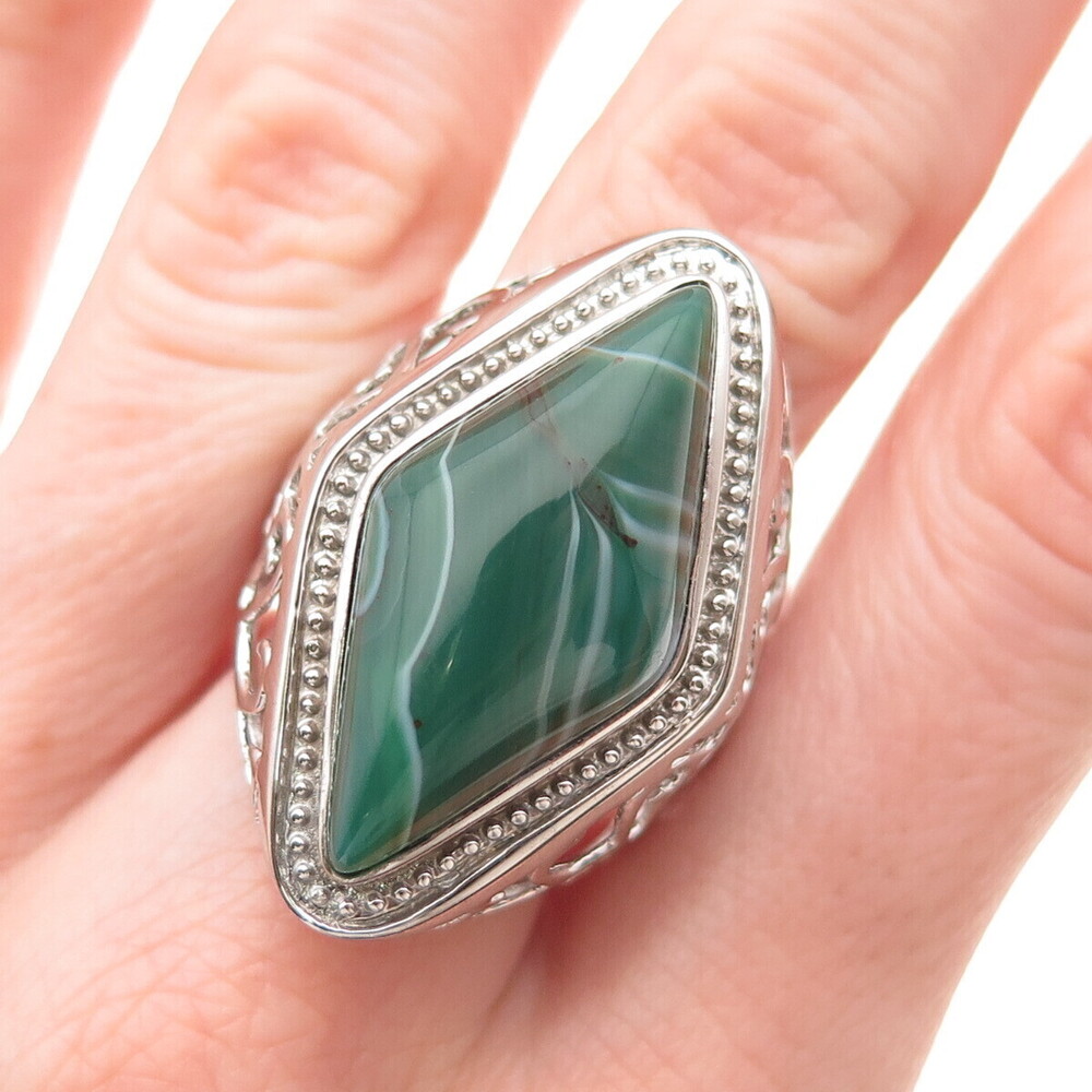Ken Crafts 925 Sterling Silver Real Green Agate Floral Scroll Ring Size 9.75